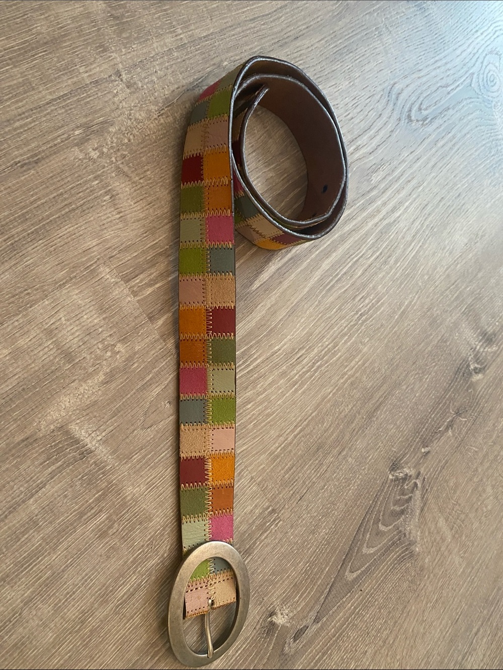 Fossil Multicolor Patchwork Leather Belt with Oval Buckle